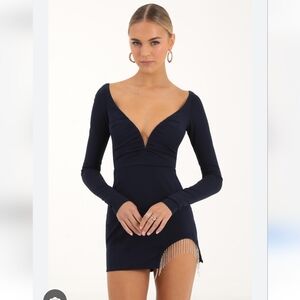 Lucy in the Sky Rhinestone Long Sleeve Party Mini Dress Navy Badie Sexy Plunge